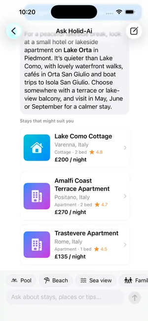 Ask Holid-Ai answering a question about a lakeside break in Italy, with matching stays underneath