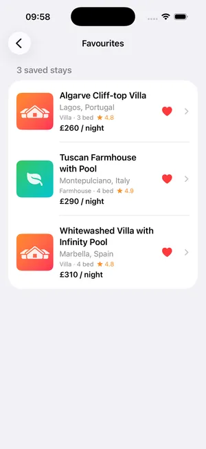 Favourites screen showing three saved stays