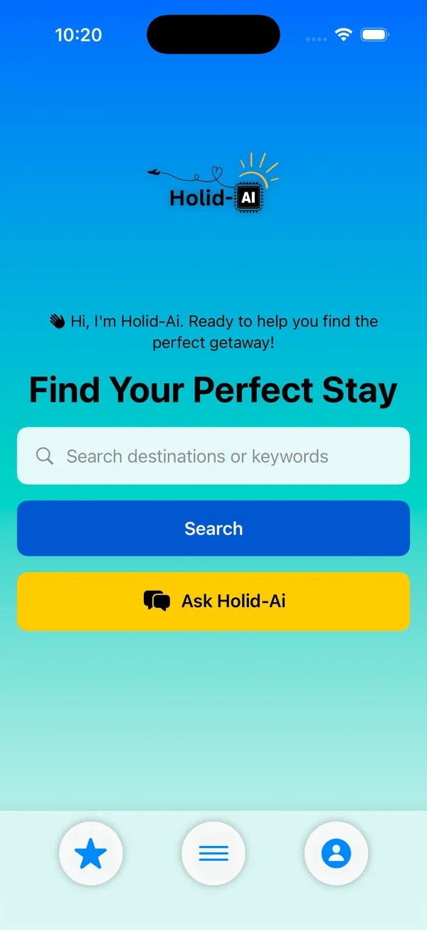 The HolidAI home screen with a search box, a Search button and an Ask Holid-Ai button